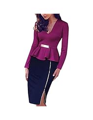 V-neck Polyester/Spandex Long Sleeves Cocktail Peplum Belted Vintage Evening Dress/Prom Dress/Wedding Party Dress/Tunic 