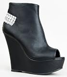 Qupid FINDER-156 Studded Cross Back Platform Wedge Heel Peep Toe Ankle Boot Bootie