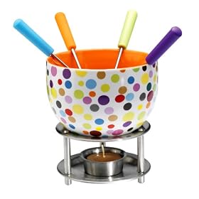 Mastrad Ceramic Fondue with Coloured Metal Handle Forks, Peas Design