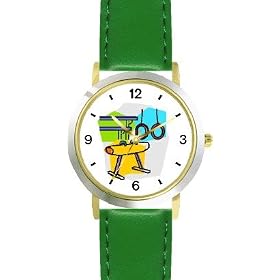 Gymnastic Equipment or Apparatus Montage - Rings, Pommel Horse, Parallel Bars Gymnastics Theme - WATCHBUDDY® DELUXE TWO-TONE THEME WATCH - Arabic Numbers - Green Leather Strap-Children's Size-Small ( Boy's Size & Girl's Size )
