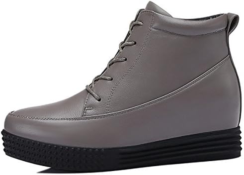 Womens Flat Leather Shoes Lace Up High Platform Round Toe Gray Mid-calf Warm Martin Boots EU35