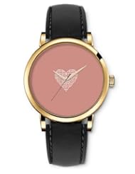 SPRAWL Aanalog Fashion Series Gold Ladies Watches of Genuine Black Leather Strap,Unique Wrist Watch for Women Girls Designed with Braided heart on pink background