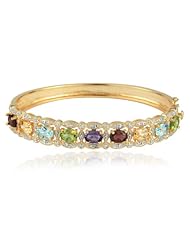 Yellow Gold Plated Sterling Silver Multi-Gemstone and Diamond Bangle Bracelet