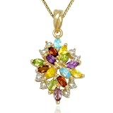 18k Yellow Gold Plated Sterling Silver Multi-Gemstone and Diamond Drop Pendant, 18"