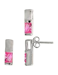 Sterling Silver Matte-finish Rectangular Earrings (13mm tall) & Pendant Slide (13mm tall) Set, w/ Emerald Cut Pink Tourmaline-colored CZ Stones