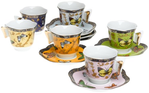 Yedi Houseware Classic Coffee and Tea Butterfly Espresso Cups and Saucers, Gold, Set of 6