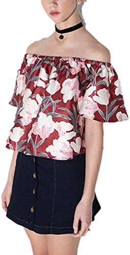 Gressa Women's Vintage Floral Printed Off Shoulder Ruffle Sleeve Mini Blouse Top US/10