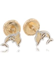 14k Two Tone Gold Dolphin Baby Screw-Back Earrings