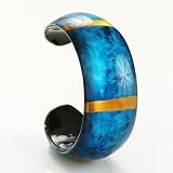 Chuvora Stylish Venetian Murano Glass Cuff Bracelet 7'', Ocean Blue with Yellow Stripe