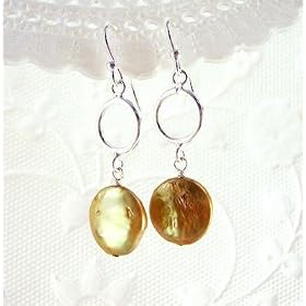 Sterling Silver Circle and Gold Coin Pearl Drop Earrings