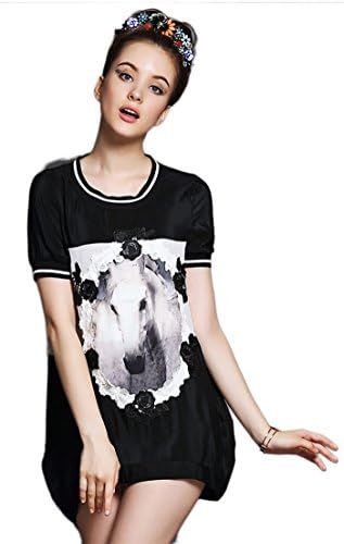 Women's Embroidery Lace Patchwork Loose O-neck Dress Plus Size G104(Black,US 14)