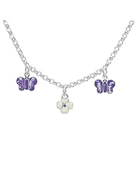 Unicornj Sterling Silver Childrens Necklace with Purple Butterfly and Clover Charms