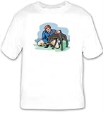 T-shirt with man, hunting, human, body, individuals, sandwich, individual, doberman, persons, dogs, humans, food, people, person, dog, terrier, snack, share