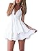 Kearia Women Sexy Deep V Neck Spaghetti Strap Pleated Ruffle Short Skater Mini Dress