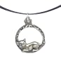 Kitten in circle pewter charm on a black 5 strand stainless steel choker-style necklace