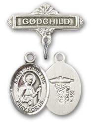 Sterling Silver Baby Badge with ST. CAMILLUS of LELLIS/Doctors Charm and Godchild Badge Pin Patron Saint of Hospitals, Nurses & EMTs