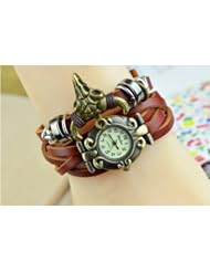 KANO BAK(TM) Fashion Weave Wrap Around Press Button Leather Retro Bracelet Woman Girl Unisex Cow Cowboy Wrist Nice Gift Watch Brown