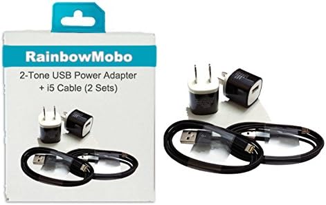 RainbowMOBO (TM) 2 Pack Charging Set incldues 2 x AC Power Travel Wall Adapter + 2 x 3 Feet 8-pin to USB 2.0 Charging + Data Sync Cable Cord for iPhone 5 / 5S / 5C / iPad 4 & mini & iPod Touch 7th (Rainbow Black)