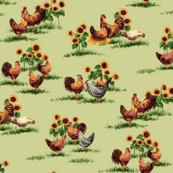 1 Yard - Rooster &amp; Hen "Good Morning Sunshine" Chicken &amp; Sunflowers on Green Fabric (Great for Quilting, Sewing, Craft Projects, Throw Pillows &amp; More) 1 Yard X 44"