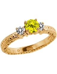 0.75 Ct Round Canary and White Diamond 18K Yellow Gold 3-Stone Ring