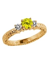 0.75 Ct Round Canary and White Diamond 14K Yellow Gold 3-Stone Ring