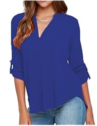 Apparel: Yonas Womens Chiffon Shirt Cuffed Sleeve V Neck Blouse Tank Top(SIZE XXL/BLUE)