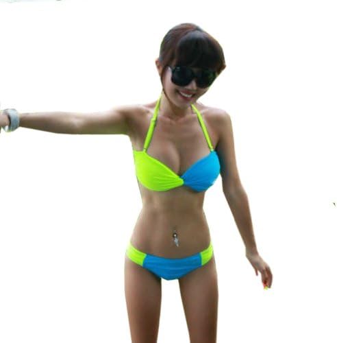 ECOSCO Green Blue Color Match Halter String Padded Bikini Swimsuit Swimwear (XL)