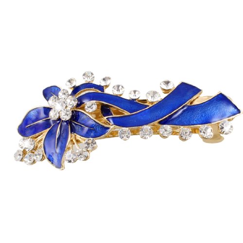 Rhinestone Accent Blue Leaves Detail Hair Clip Barrette for Lady Girls