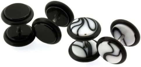 Lot of 2 Pair Fake Cheater Plugs Black & White Marble Acrylic 16G (1.2mm) Studs - 0G(8mm) Gauge Look-Sold As 2 Pair (4 Pieces)