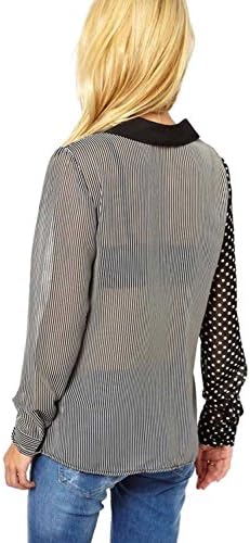 Maykool Women's Black White Lapel Polka Dot Stripe Long Sleeve Blouse Size S