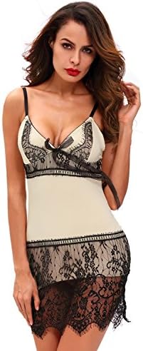 LittleLittleSky Womens Apricot Sassy Flapper Dress Babydoll Chemise Lingeries with Thong ((US 10-14)L)