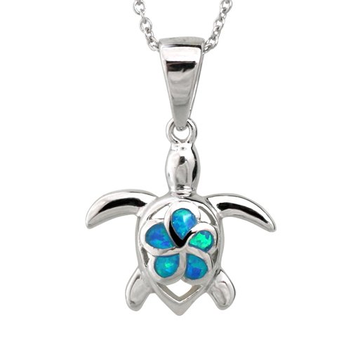 Blue Opal Turtle and Plumeria Silver Necklace Pendant with Chain