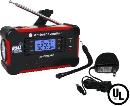 Ambient Weather WR-111-B-AC Emergency Solar Hand Crank Weather Alert Radio, Flashlight, Smart Phone Charger with AC Adaptor