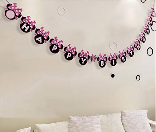 IsPerfect Arts Cartoon Minnie Bow Happy Birthday Pennant Banner Flags Party Supplies Decoration Banner Pink