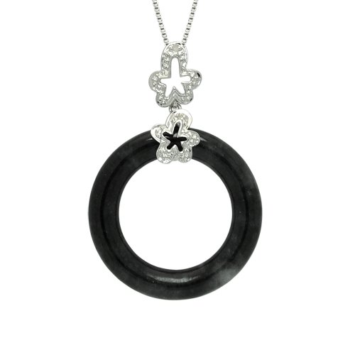Sterling Silver Charcoal Jade and Diamond Circle Pendant on Chain, 18"