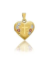 14K 3 Tone Gold Heart Floral & Cross Locket (12.5 x 12.5 mm)