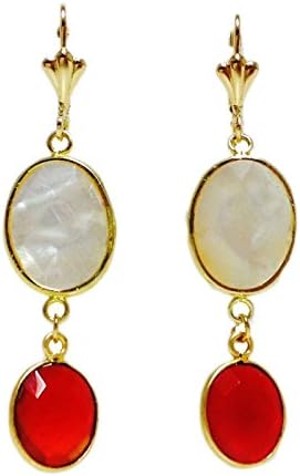 Mother of Pearl Red Carnelian Gemstone Gold Plate Dangle Earring