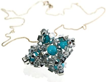 Necklace- Natural Turquoise and Crystal Pendant Necklace with Sterling Silver Chain- 18 Inch Silver Chain