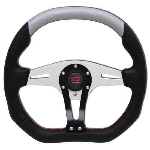 UNIVERSAL STEERING WHEEL BLACK/SILVER CENTER RED STITCH