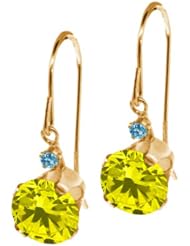 1.64 Ct Round Canary Diamond Swiss Blue Topaz 14K Yellow Gold Earrings
