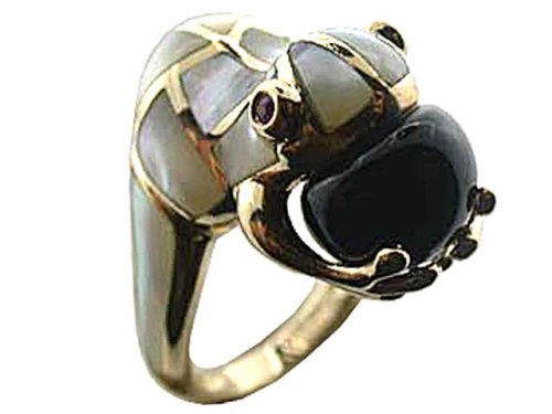 White Mother Of Pearl and Onyx Amphibious Grasp Ring, 14k Gold