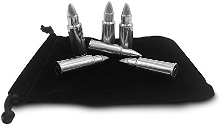 Craftsmind Bullet Shaped Whiskey Stones - Chills Drinks - Stainless Steel Gift Set - 6 Stones Rocks Cubes for Chilling Vodka, Whiskey & Scotch - Storage Bag - Alcohol Ammo
