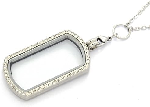 Lefeng Dog Tag Rhinestone Stainless Steel Memory Floating Locket + 30 inch Rolo O Necklace