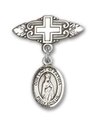 Sterling Silver Baby Badge with Our Lady of Fatima Charm and Badge Pin with Cross