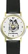 Keeshond (SC) Dog - WATCHBUDDY&reg; DESIGNER DELUXE TWO-TONE THEME WATCH - Arabic Numbers-EVENING TWILIGHT STYLE - Gray Dial with Black Leather Strap-Size-Large ( Men's Size or Jumbo Women's Size )