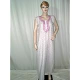 Anniversary Gift -Printed Embroidered White Evening Dress Womens Cotton Kaftan Long Sleeve Lounge Wear Size L Free Shipping