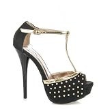 Qupid Dazzling-107 Black Studded T-Strap Platform Sandal Styleupgirl
