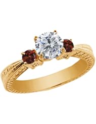 1.24 Ct Round H/I Diamond Red Garnet 14K Yellow Gold 3-Stone Ring