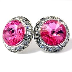 Pink Swarovski 20mm Crystal Framed Post Earrings Fashion Jewelry -- Made In the USA