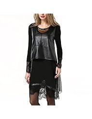 Spring Shift Knee Length Stretchy Lace Faux-Leather  Dress